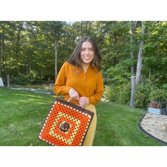Vintage Large 15” Crochet Brown and Orange Bag - Picture 1 of 8